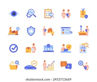 Set of inspection related colorful icons. Bright symbols with inspector, production quality control, check and verification. Design for web. Cartoon flat vector collection isolated on white background