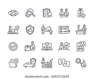 Conjunto de iconos de línea relacionados con la inspección. Señales simples con control de calidad, controles de producción, examen y control de calidad. Elementos de diseño para App. Colección de Vector plano de contorno aislado sobre fondo blanco