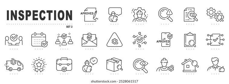 Set of inspectionrelated line icons. Test, check, control, analysis etc. Editable stroke. Set 2