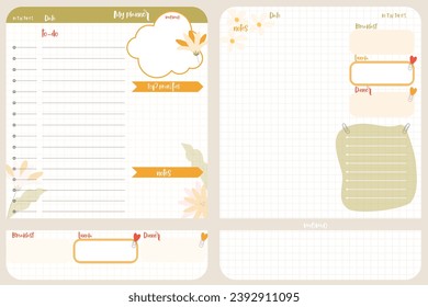 Set inspiration notepaper design printable . Pink, yellow, green kawaii pages for tags , weekly notes, diet menu breakfast lunch dinner 