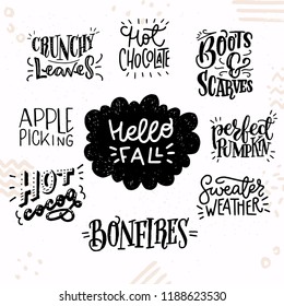Set Of Inspirational Autumn Hand Lettering Quotes. Cute And Cozy Fall Woods And Phrases. Vector Illustration.