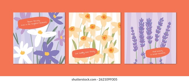 Set of inspirational greeting cards with hand-drawn crocuses, daffodils, lavender. Soft pastel backgrounds, floral illustrations. Illustration for social media, posters, greeting cards,  stationery.