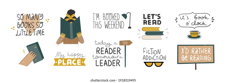 Set of inspirational handwritten quotes. Books lover, reeding books, readers concept. Bundle of decorating clip art isolated. Vector hand drawn illustration.