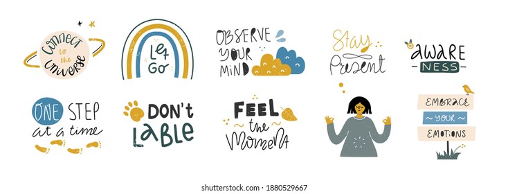 Set Of Inspirational Handwritten Quotes. Mindfulness, Self Love And Compassion, Mental Health Concept. Vector Handwritten Lettering. Stay Present, Embrace Your Emotions, Awareness, Let Go Clip Art. 