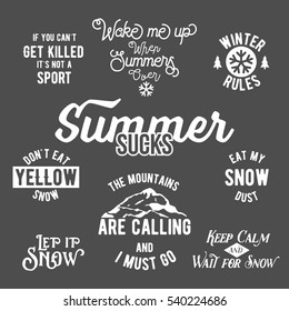 Set of inspirational phrases. Inspirational words. Motivational quote. Famous quotes about winter sports. Snowboarding, ski, winter skates. Monochrome version, retro vintage hipster style typography