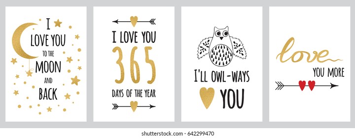 Set of inspirational and romantic cards about love, life, relationship made n modern golden and black colors. Hand drawn lettering elements for valentines day banner or save the date banners