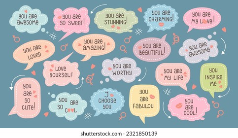 Set of inspirational speech bubbles with compliments, quotes about love for yourself and others. Cartoon icons, stickers, vector