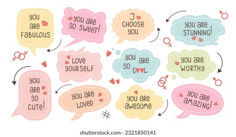 Un conjunto de burbujas de discurso inspiradoras con elogios, citas sobre amor para uno mismo y otros. Iconos de dibujos animados, pegatinas, vector