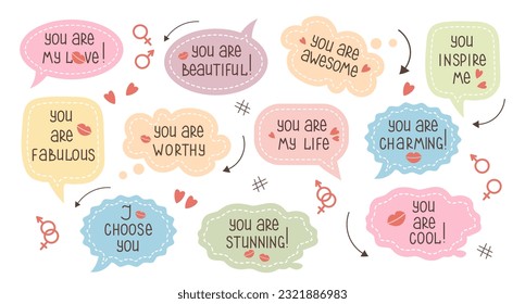 Set of inspirational speech bubbles with compliments, quotes about love for yourself and others. Cartoon icons, stickers, vector