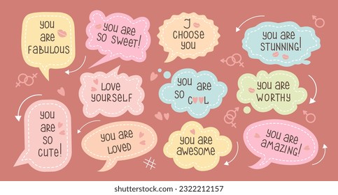 Set of inspirational speech bubbles with compliments, quotes about love for yourself and others. Cartoon icons, stickers, vector