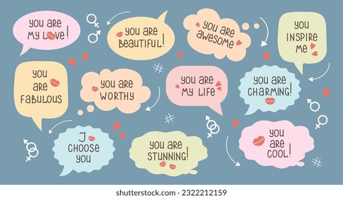 Set of inspirational speech bubbles with compliments, quotes about love for yourself and others. Cartoon icons, stickers, vector