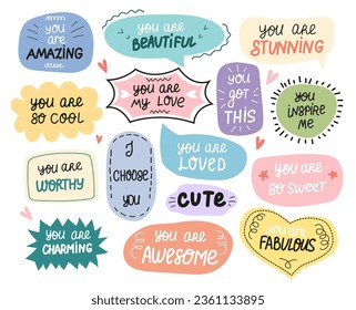 Set of inspirational speech bubbles with compliments, quotes about love for yourself and others. Vector typography for cards, posters, t-shirts, badges, stickers, etc.