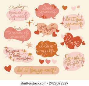 Set of inspirational speech bubbles with compliments, quotes about love for yourself and others. Cartoon icons, stickers, vector. Vector illustration