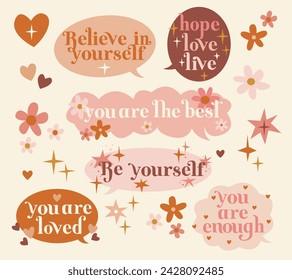 Set of inspirational speech bubbles with compliments, quotes about love for yourself and others. Cartoon icons, stickers, vector. Vector illustration