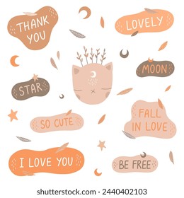 Set of inspirational speech bubbles with compliments, quotes about love for yourself. Cute cat with moon and stars.