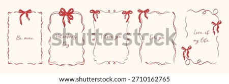 Set of inspired hand drawn Valentine’s Day frames featuring lines, delicate bows, ribbons. Vector illustrations  for posters, greeting cards, wedding invitation.