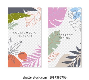 Set of insta editable story templates with tropical palm leaves.Summer vector layouts with copy space for text.Bright vibrant banners.Trendy designs for social media marketing,digital post,prints.