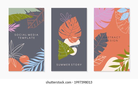Set of insta story templates with tropical palm leaves.Bright vector summer layouts with copy space for text.Bright vibrant banners.Trendy designs for social media marketing,digital post,prints.