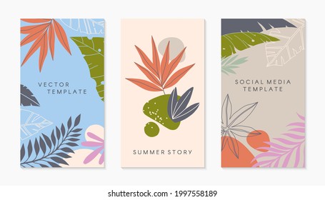 Set of insta story templates with tropical palm leaves.Modern vector summer layouts with copy space for text.Bright vibrant banners.Trendy designs for social media marketing,digital post,prints.