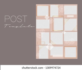 Set Of Instagram Collage.Vector Cover. Design Backgrounds For Social Media Banner.Set Of  Instagram Stories Frame Templates. Mockup For Social Media. Endless Square Pink Puzzle Layout For Promotion.