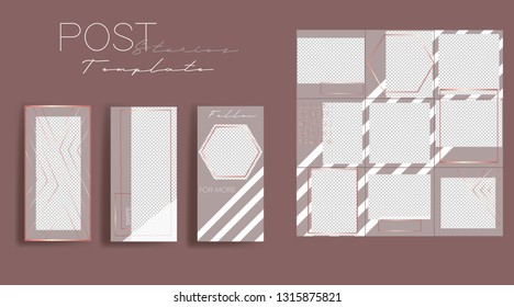 Set of instagram collage.Vector cover. Design backgrounds for social media banner.Set of  Instagram stories frame templates. Mockup for social media. Endless square pink puzzle layout for promotion.