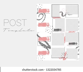 Set Of Instagram Collage.Vector Cover. Design Backgrounds For Social Media Banner.Set Of  Instagram Stories Frame Templates. Mockup For Social Media. Endless Square Pink Puzzle Layout For Promotion.