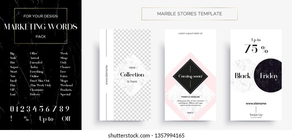 Set of Instagram Marble Stories template. Kit of three popular banners. New collection, sale and coming soon. As well as a set of popular marketing words and all numbers for easy text change.