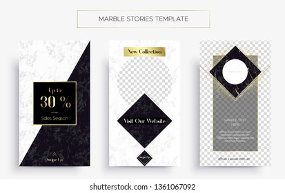 Ensemble de modèles d'histoires de marbre Instagram. Kit de trois bannières populaires. Nouvelle collection, vente et Black Friday. Design luxueux avec marbre blanc et noir avec or. Design ultra-tendance.