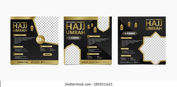 Set instagram posr template for hajj and umrah promotion Premium Vector. Islamic poster social media template