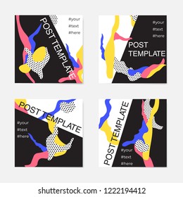 A  set of instagram post templates.. For personal and business accounts. Black background with stylish elements in three colors.