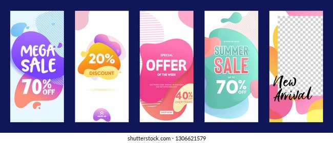 set of Instagram stories sale banner fluid background, instagram template photo, summer sale can use for, website, mobile app, poster, flyer, coupon, gift card, smartphone template, web design