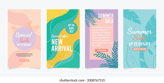 Conjunto de historias de medios sociales venta fondo de banner, venta primavera y verano fondo de estilo decorativo para sitio web, aplicación móvil, afiche, volante, vector de cupón