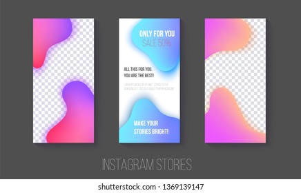 Set of Instagram stories templates with gradient fluid spots abstract style, vector isolated illustration. Editable social media banners with trendy stains on transparent background with sale text