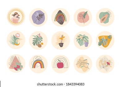 Set of Instagram Story Highlight icons or covers with boho tropical house plants and home decor objects. Stock flat vector illustration.