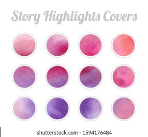 Set of Instagram Story Highlights Covers Icons. Colorful watercolor background. Magenta and purple bright colors. Bundle of templates for social media and blog.