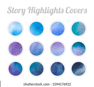 Set of Instagram Story Highlights Covers Icons. Colorful watercolor background. Blue and purple bright colors. Bundle of templates for social media and blog.