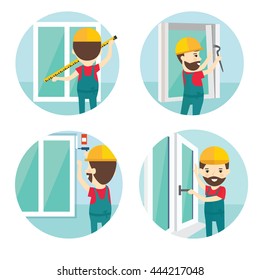 Set of installation of window flat icons.Installation of windows flat style illustration. Measuring Windows and dismantling old windows, window installation
