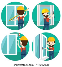 Set of installation of window flat icons.Installation of windows flat style illustration. Measuring Windows and dismantling old windows, window installation