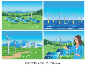 Set of installed wind turbines and solar panels on the background of beautiful landscape. Green energy. Ecology and environment protection. Horizontal vector illustration.