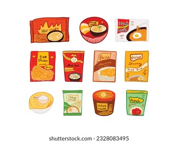 set of instant food noodle, rice, pasta and vegetable