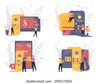 Set of Instant loan vector illustration concept with people working. Online credit, tax payment concept, when tiny people filling get the bill. Flat design