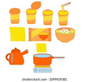 Set of instant noodle or ramen.Sign, symbol, icon or logo isolated.Food or kitchen.Menu for restaurant.Cartoon vector illustration.Flat design.Doodle or clipart.