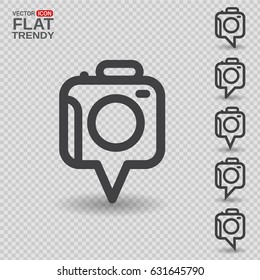Set of instant photo geotag icons or logo. Line image of photo camera as a tag or speech bubble.
Monochrome and isolated on transparent background.