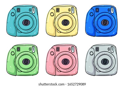 A set of instant printing cameras in different colors. Isolated over white background.