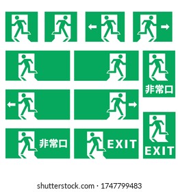 A set of instruction board materials that guide you to the emergency exit. vector. green. The written Japanese is 
