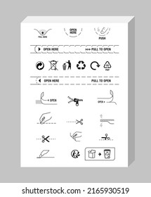 A set of instruction icons for openings, locks, tear notch. Perfect for your design on packaging. EPS10.	