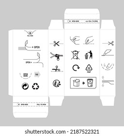 Un conjunto de iconos de instrucciones para aberturas, bloqueos, muesca. Elementos vectores. Perfecto para su diseño en el embalaje. EPS10.	