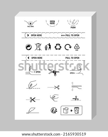 A set of instruction icons for openings, locks, tear notch. Perfect for your design on packaging. EPS10.	