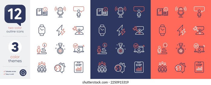 Juego de información de instrucciones, grupo de personas e iconos de línea de documento Informe. Incluya la recompensa del ganador, el negocio de la consultoría, los iconos de la electricidad. Juez martillo, Micrófono, Trabajar elementos web domésticos. Vector