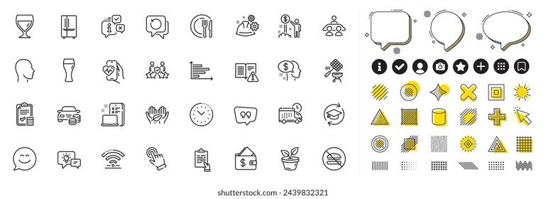 Set of Instruction manual, Wallet and No burger line icons for web app. Design elements, Social media icons. Income money, Interview job, Smile chat icons. Vector